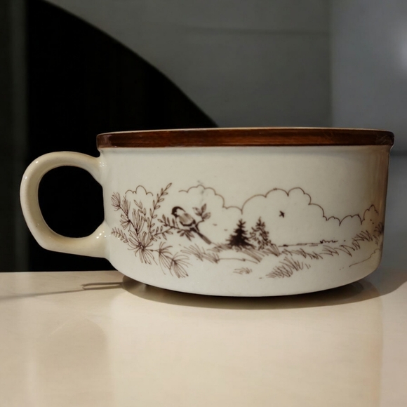 Vtg 80's Down East Crafts Black Cap Chickadee Soup Casserole Cup Bowl Stoneware - Picture 3 of 8